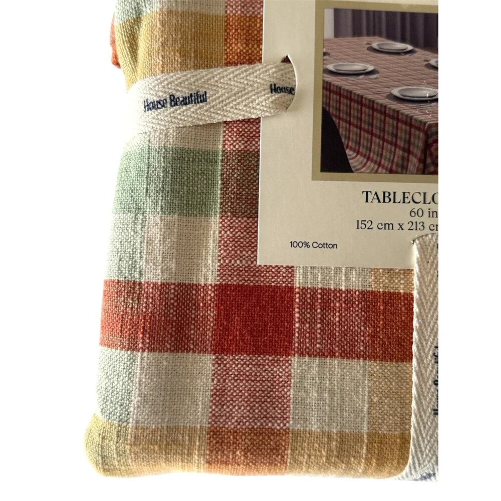 House Beautiful Tablecloth 60x84” Plaid Thanksgiving Autumn Fall 100% Cotton